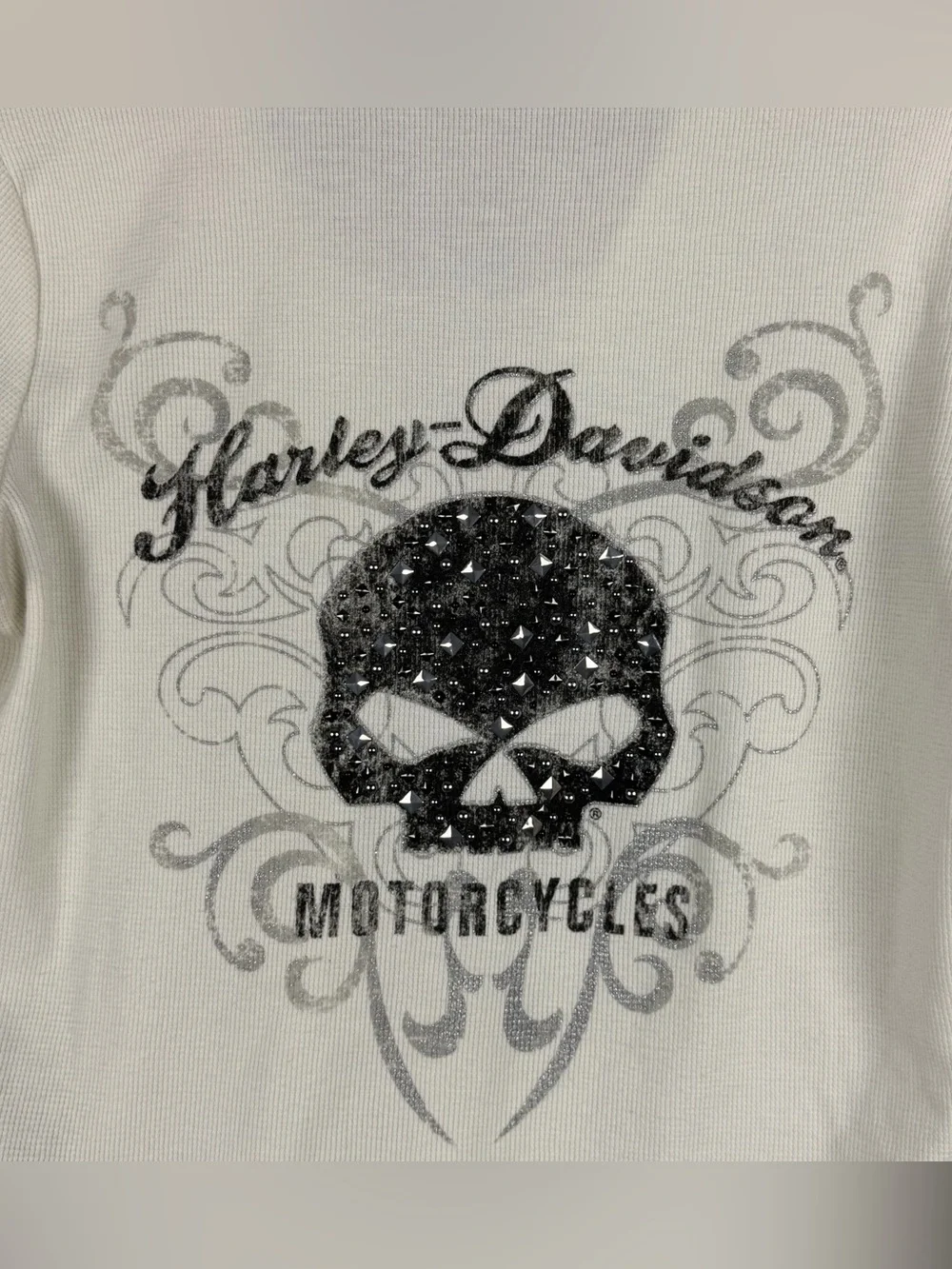 Harley Davidson White Cream Waffle Lace Up Skull Thermal Hoodie Women's Large - Picture 11 of 15